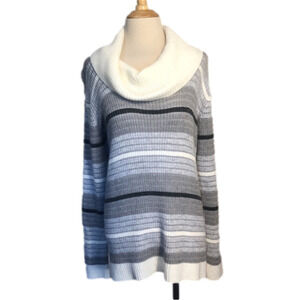 Calvin KLEIN Grey White Striped Cowl Neck Sweater Women XL New‎ Cozycore Cabin